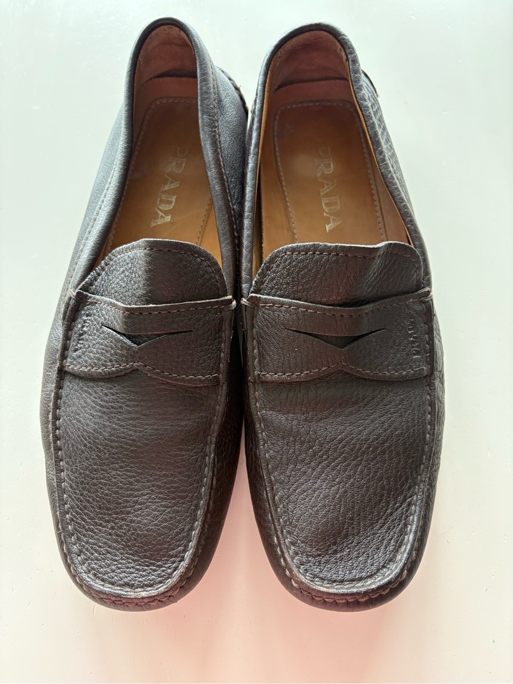 Prada Dark Brown Pebbled Leather Penny Loafers